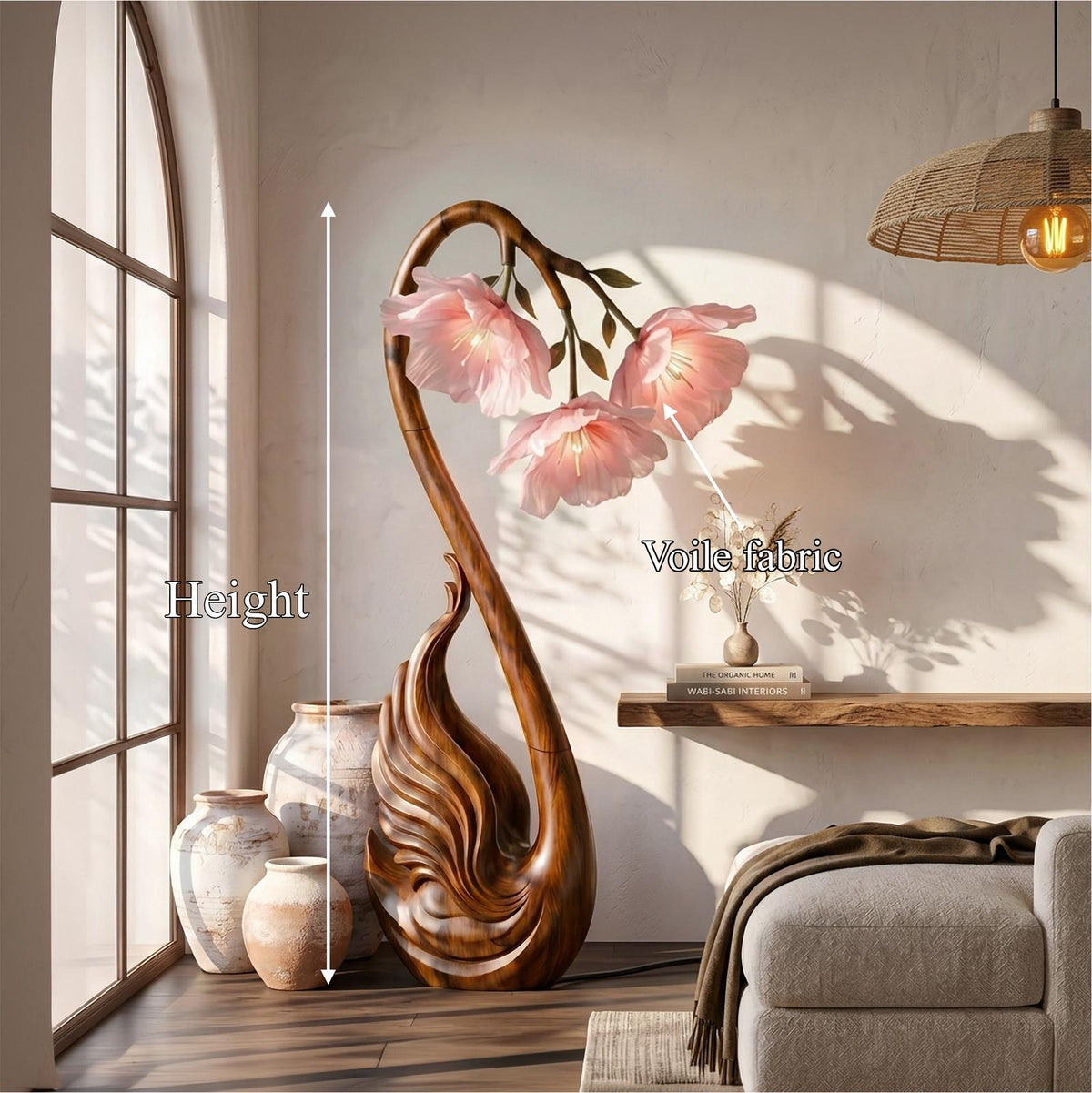 Modern Wood Floor Lamp, Handcrafted Sculptural Flower Shape Standing Accent Light for Living Room, Model