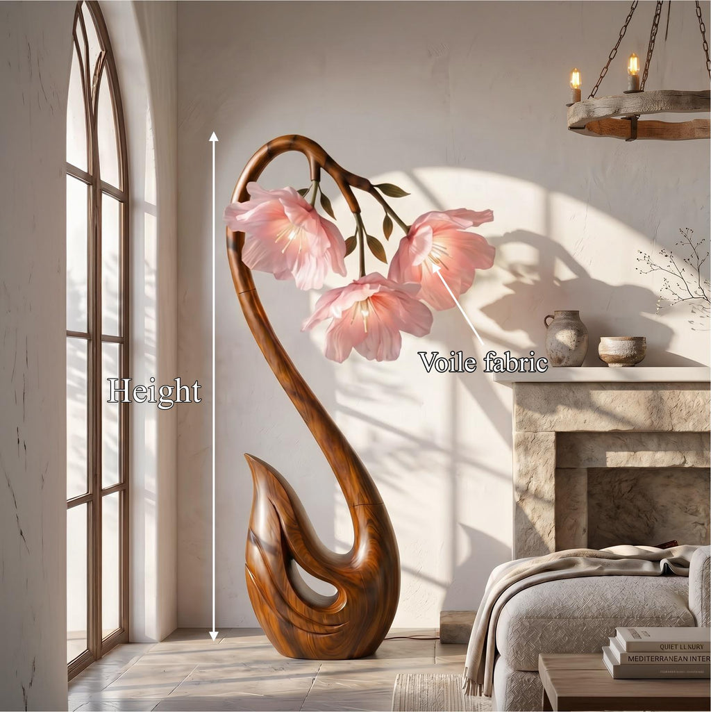 Sculptural Flower Floor Lamp, Handcrafted Organic Wood Blooming Rose Shape Standing Light for Bedroom, Model