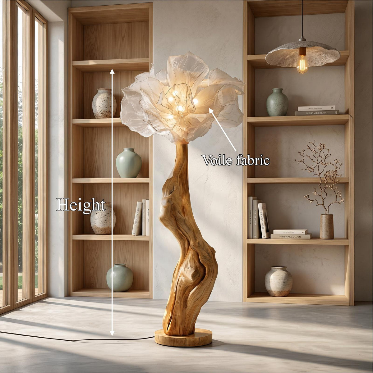 Nature Inspired Wood Floor Lamp, Handcrafted Artistic Flower Display Standing Light for Living Room, Model