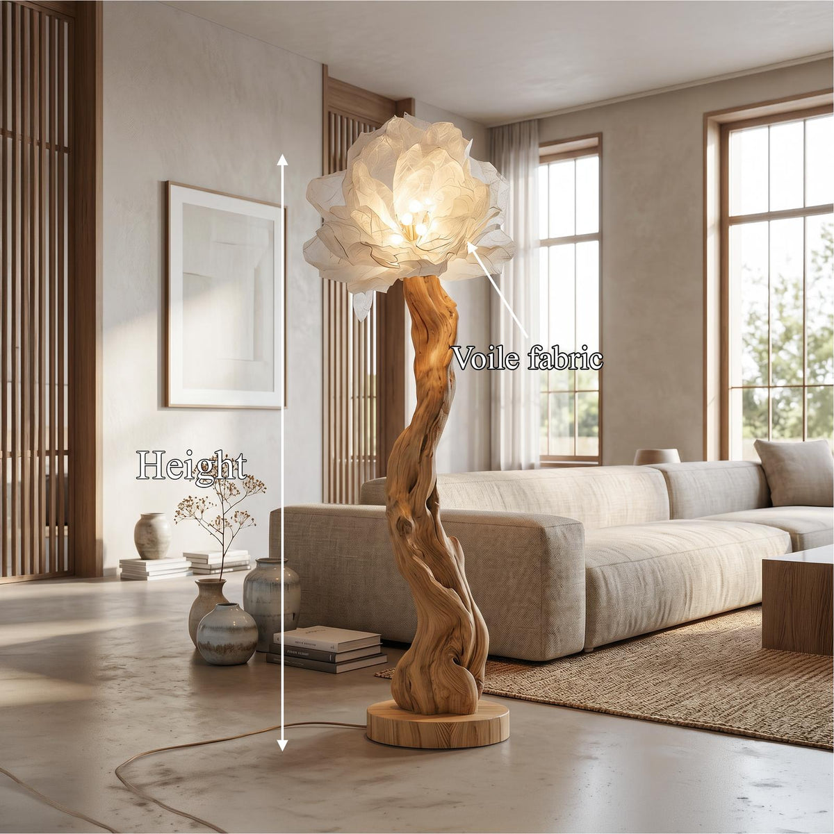 Organic Wood Standing Lamp, Handcrafted Sculptural Bloom Flower Design Tall Floor Lamp for Living Room, Model