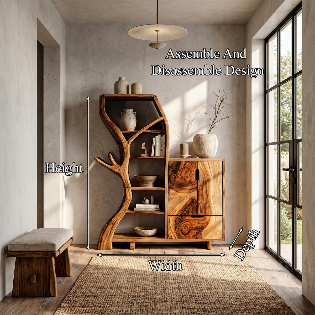 Rustic Storage Cabinet With Tree Bookshelf And Display Shelves For Entryway
