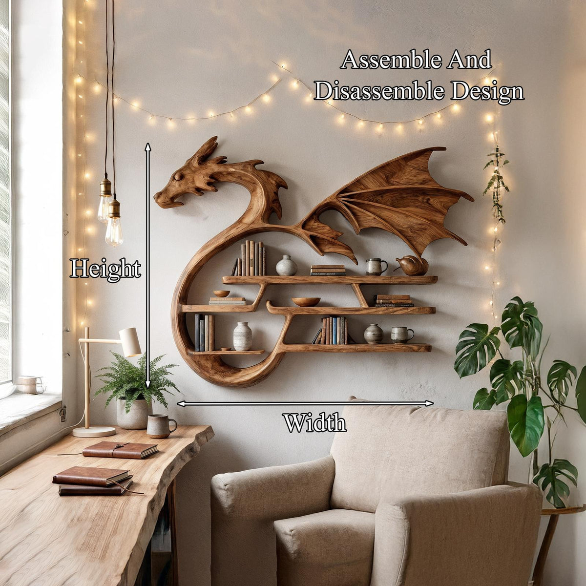 Medieval Dragon Wall Shelf With Sculptural Wooden Display Storage For Living Room