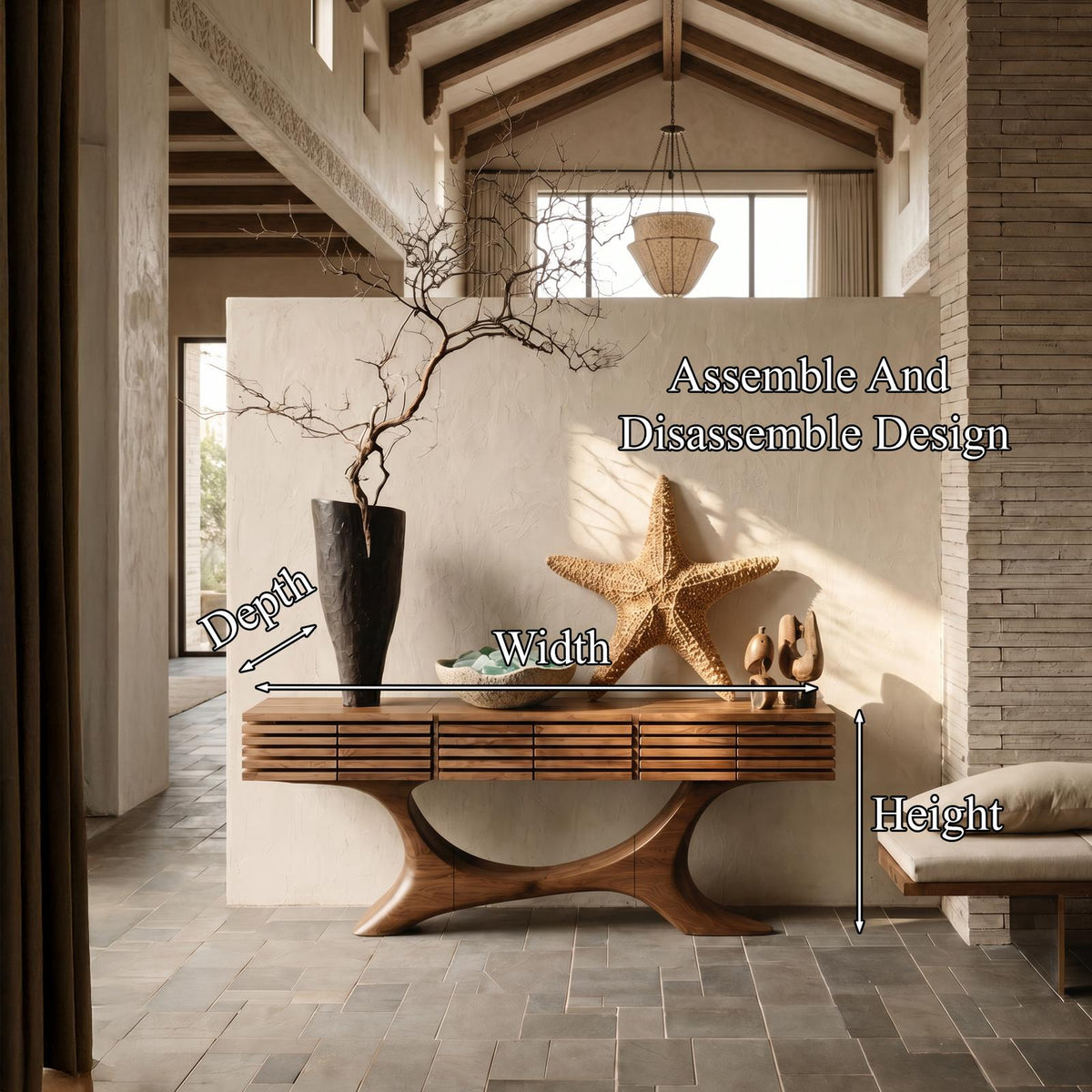 Contemporary Console Table With Curved Tree Trunk Base And Built In Storage Drawers For Living Room
