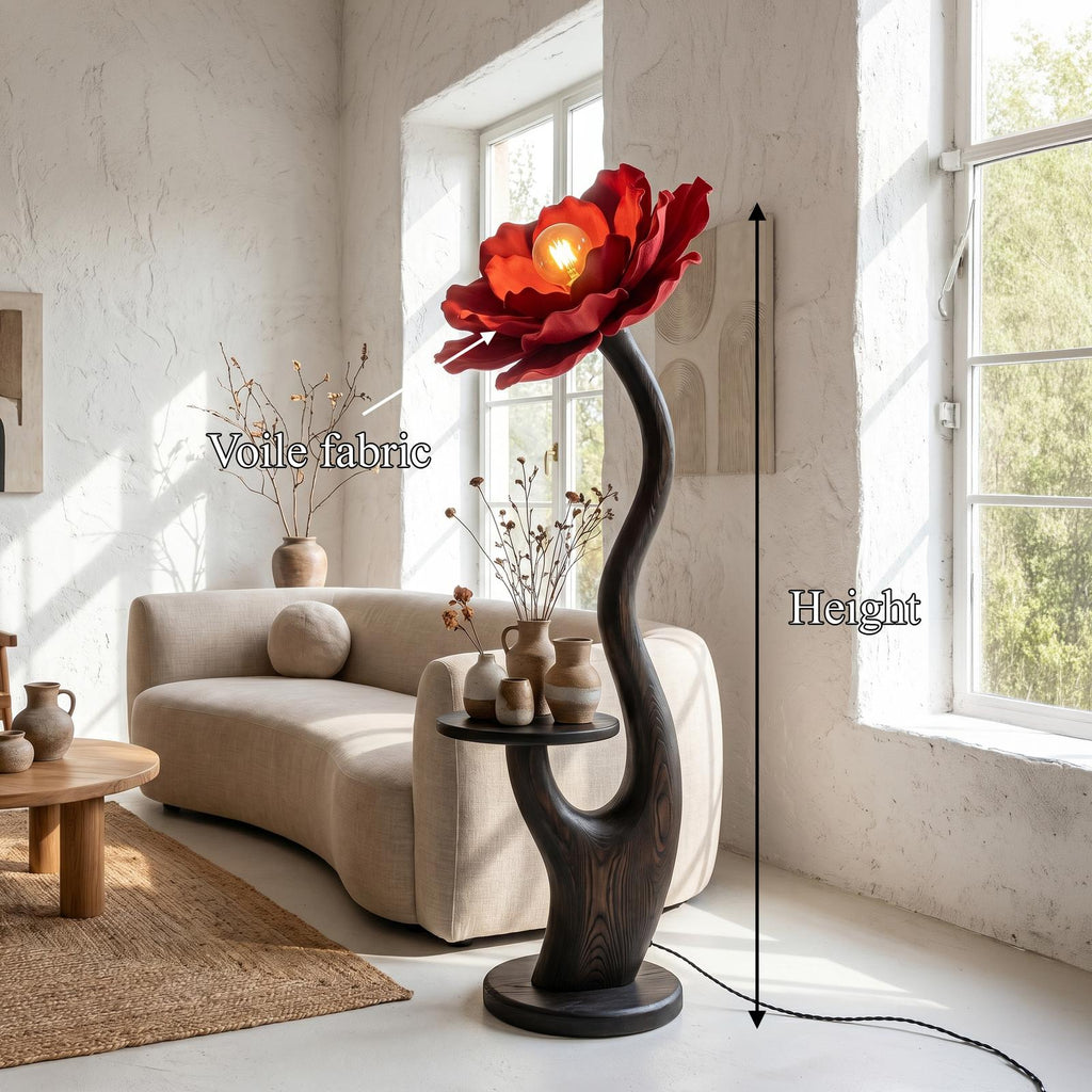 Organic Floor Lamp With Built In Bedside Table And Flower Shade For Living Room