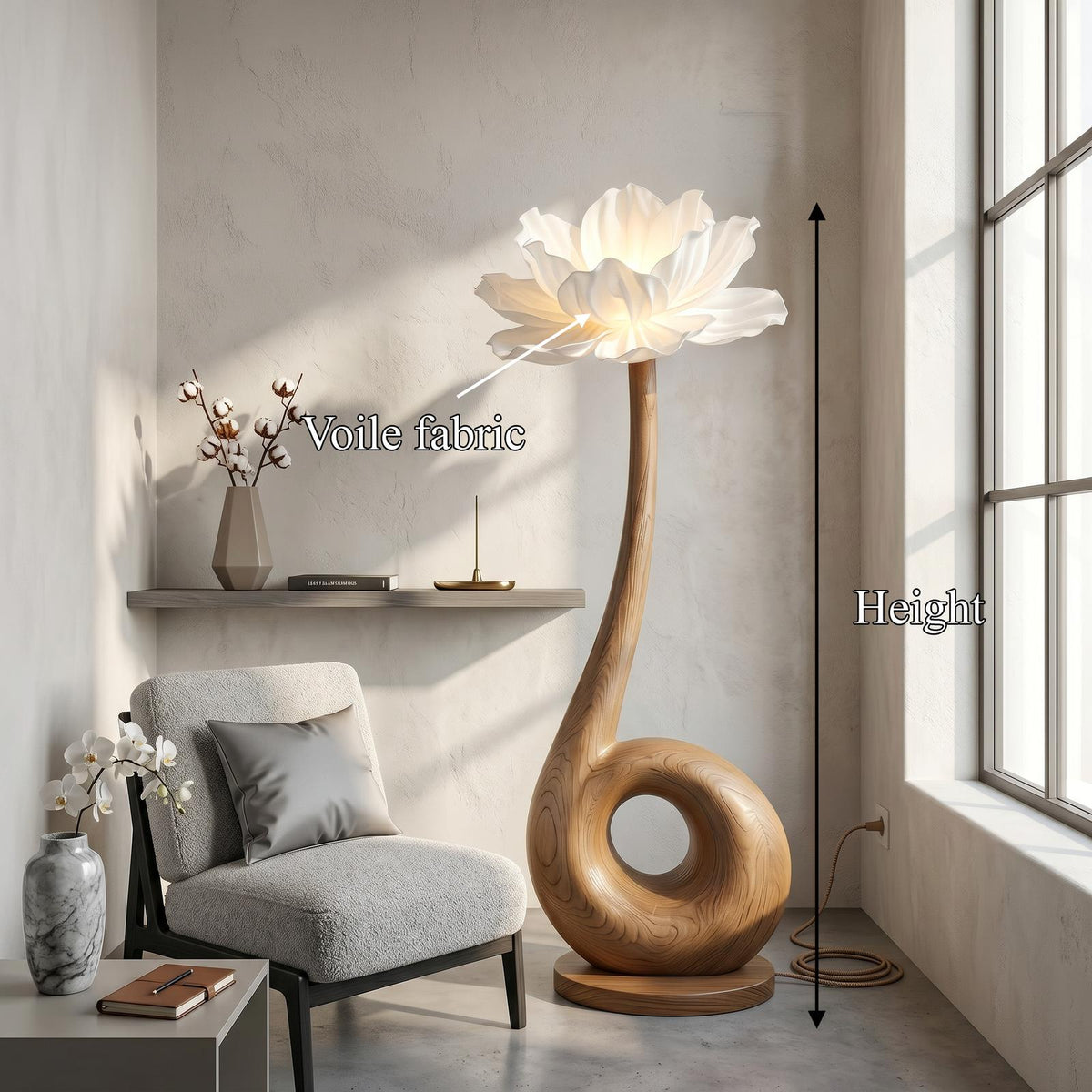 Modern Floor Lamp With Sculptural Loop Base And Floral Shade For Living Room