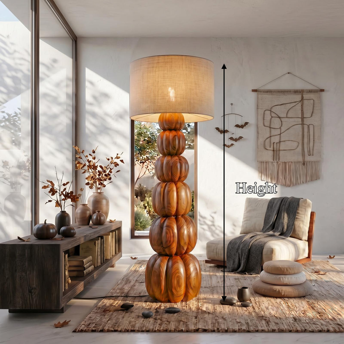 Rustic Floor Lamp With Stacked Pumpkin Wood Base For Living Room