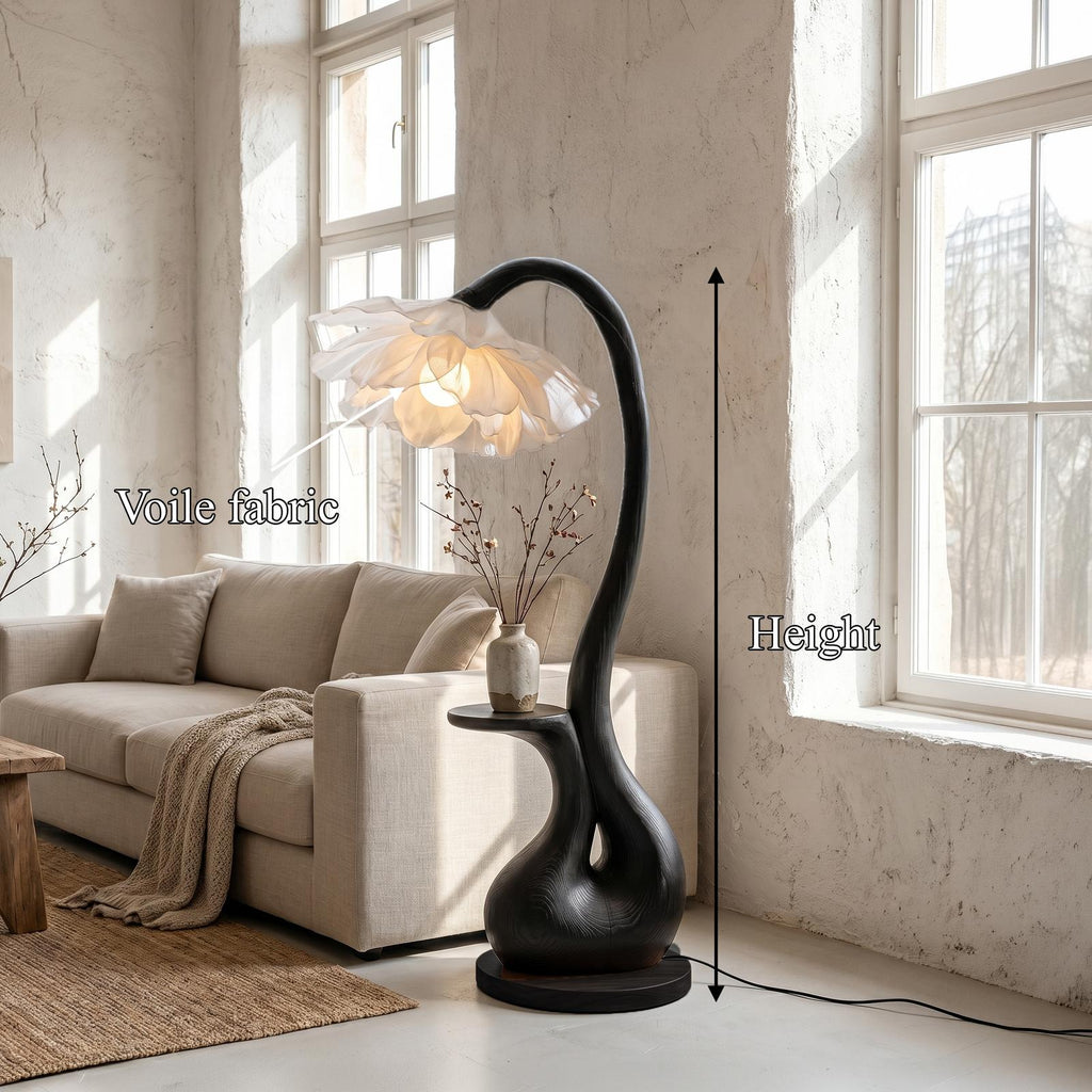 Modern Floor Lamp With Sculptural Curved Base And Display Shelf For Living Room
