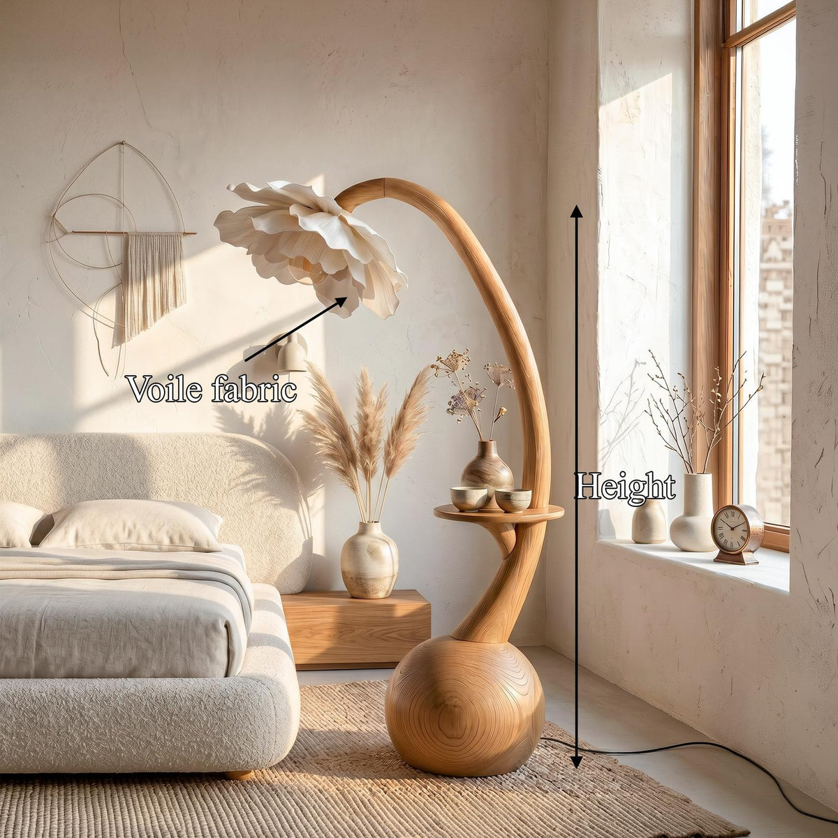 Sculptural Floor Lamp With Built In Shelf And Floral Shade For Living Room