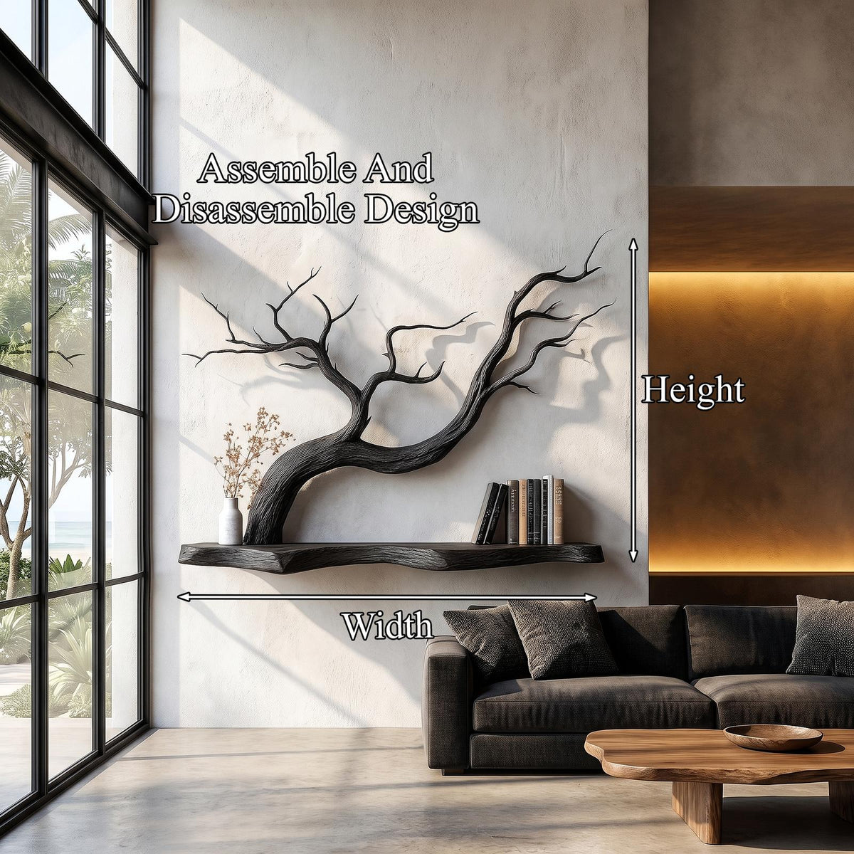 Handcrafted Floating Shelf With Sculptural Tree Branch Form For Living Room