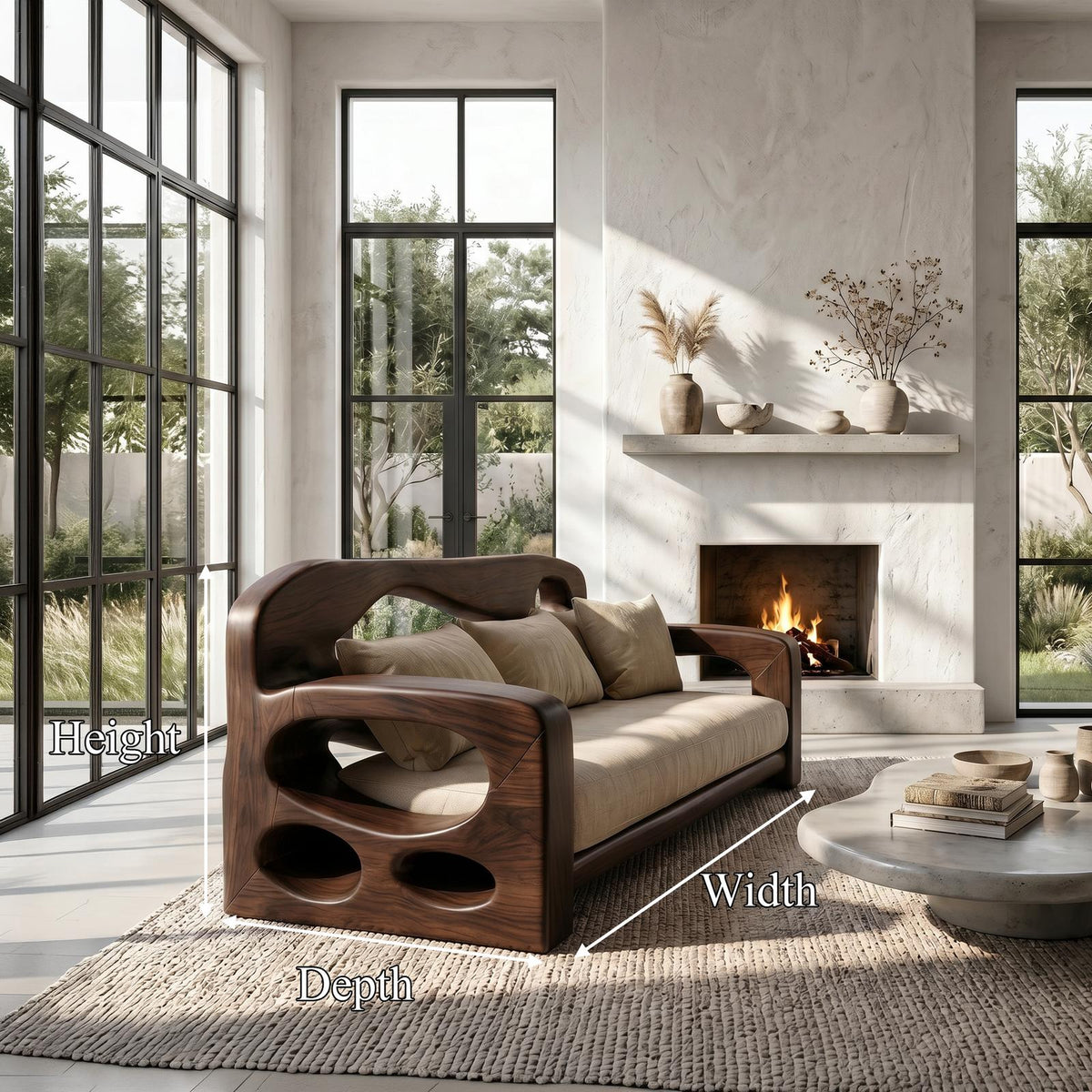 Modern Sofa Frame With Sculptural Solid Wood Armrests For Living Room