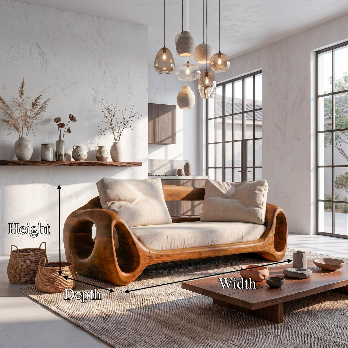Organic Sofa Frame With Sculptural Circular Armrests For Living Room