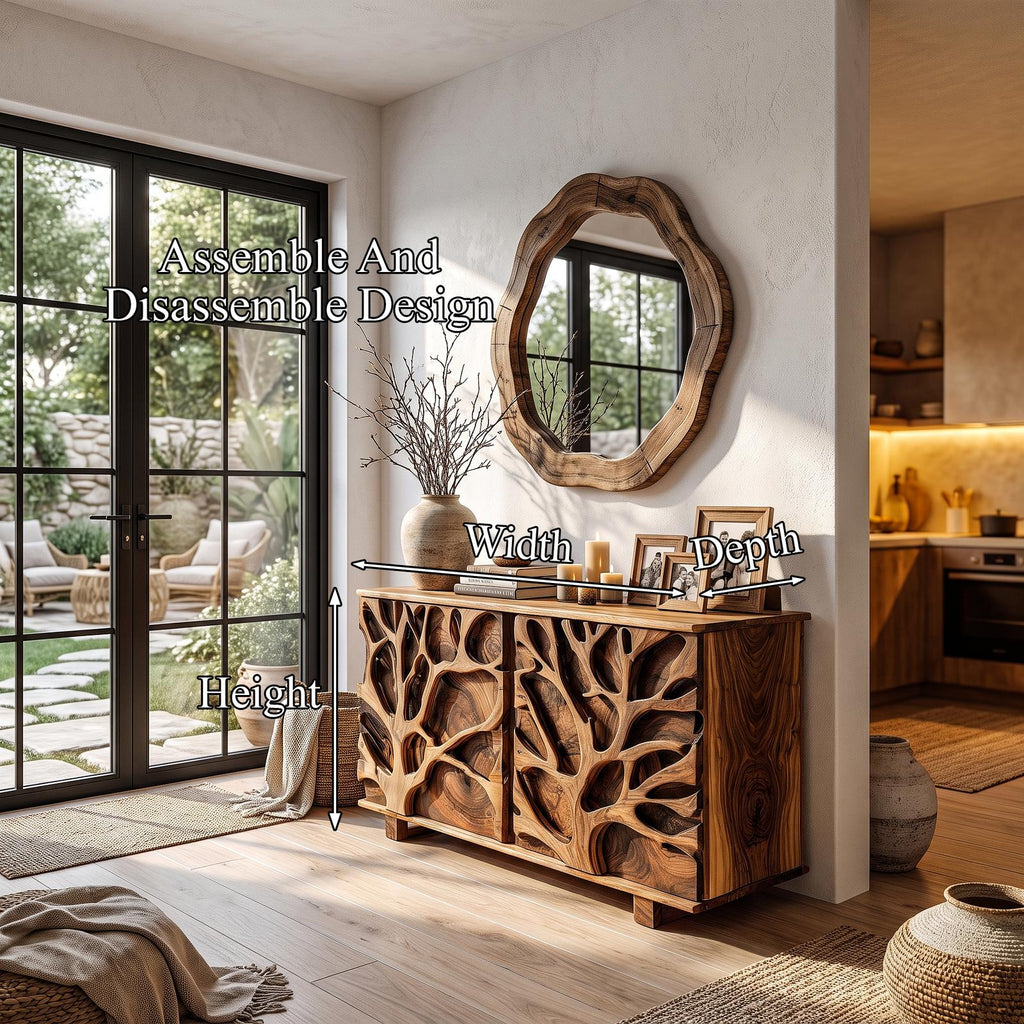 Nature Inspired Storage Cabinet With Hand Carved Wood Design For Entryway
