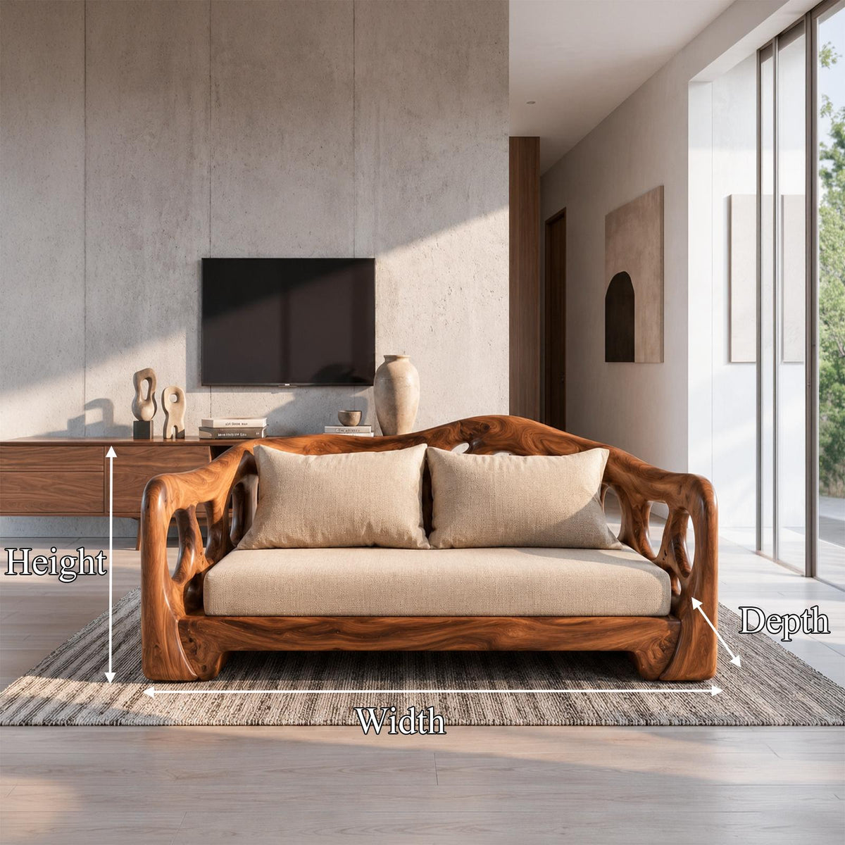 Modern Sofa With Sculptural Solid Wood For Living Room