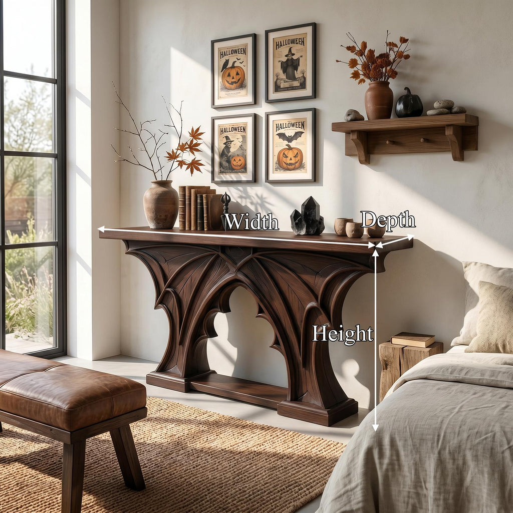 Rustic Halloween Console Table With Bat Wing Inspired Design For Hallway