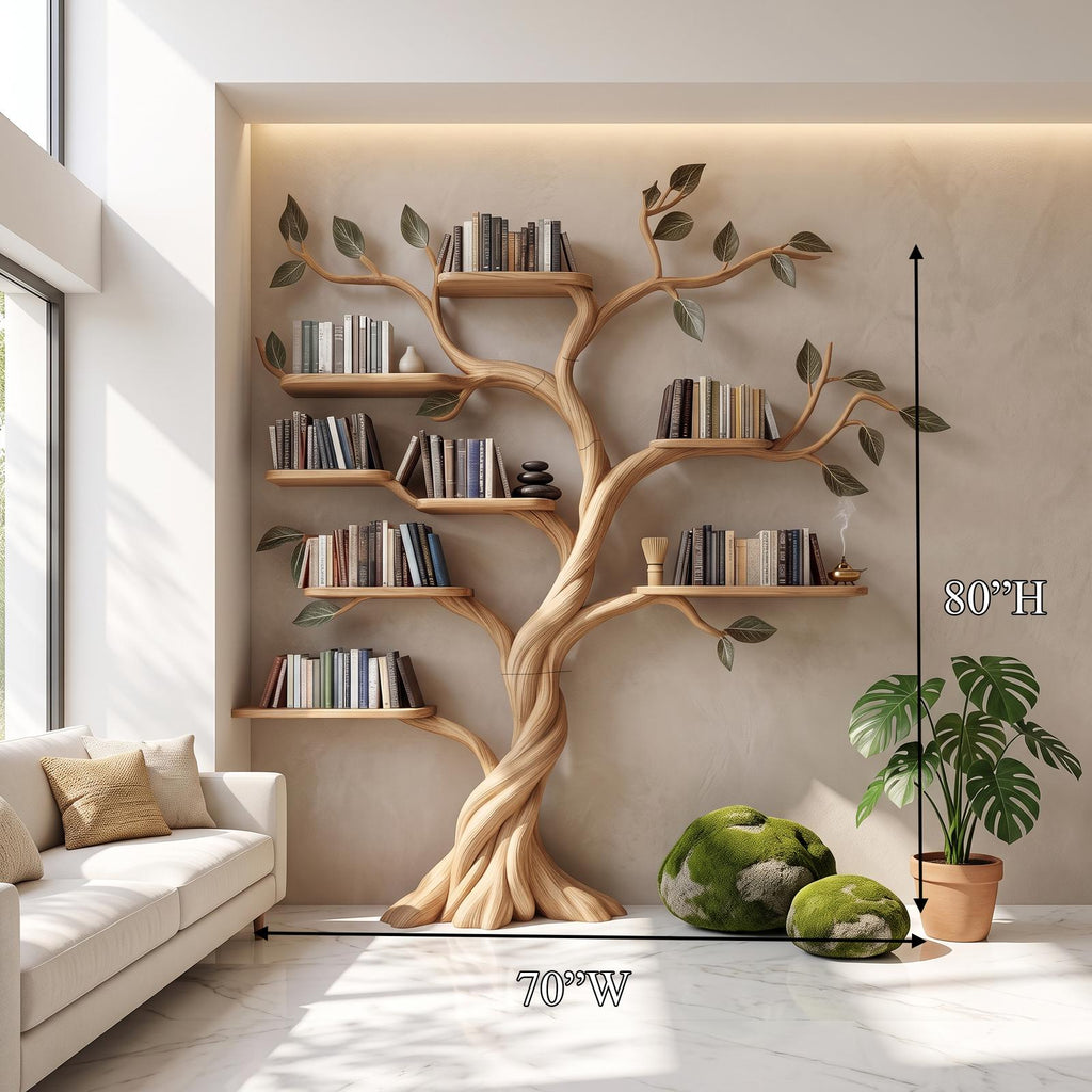 Rustic Tree Bookshelf, Solid Wood Wall Mounted Bookcase & Artistic Hanging Display Organizer for Modern Living Room