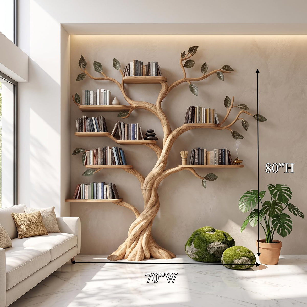 Rustic Tree Bookshelf, Solid Wood Wall Mounted Bookcase & Artistic Hanging Display Organizer for Modern Living Room