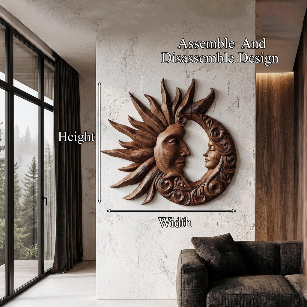 Organic Wood Wall Art With Carved Sun And Moon Design For Living Room And Bedroom