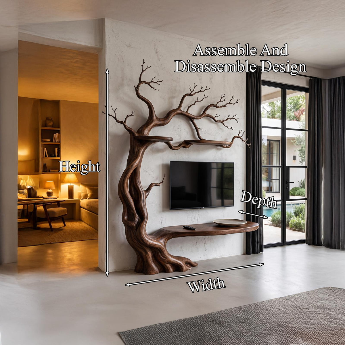 Organic Wall Mounted TV Stand With Sculptural Tree Branch Design For Living Room