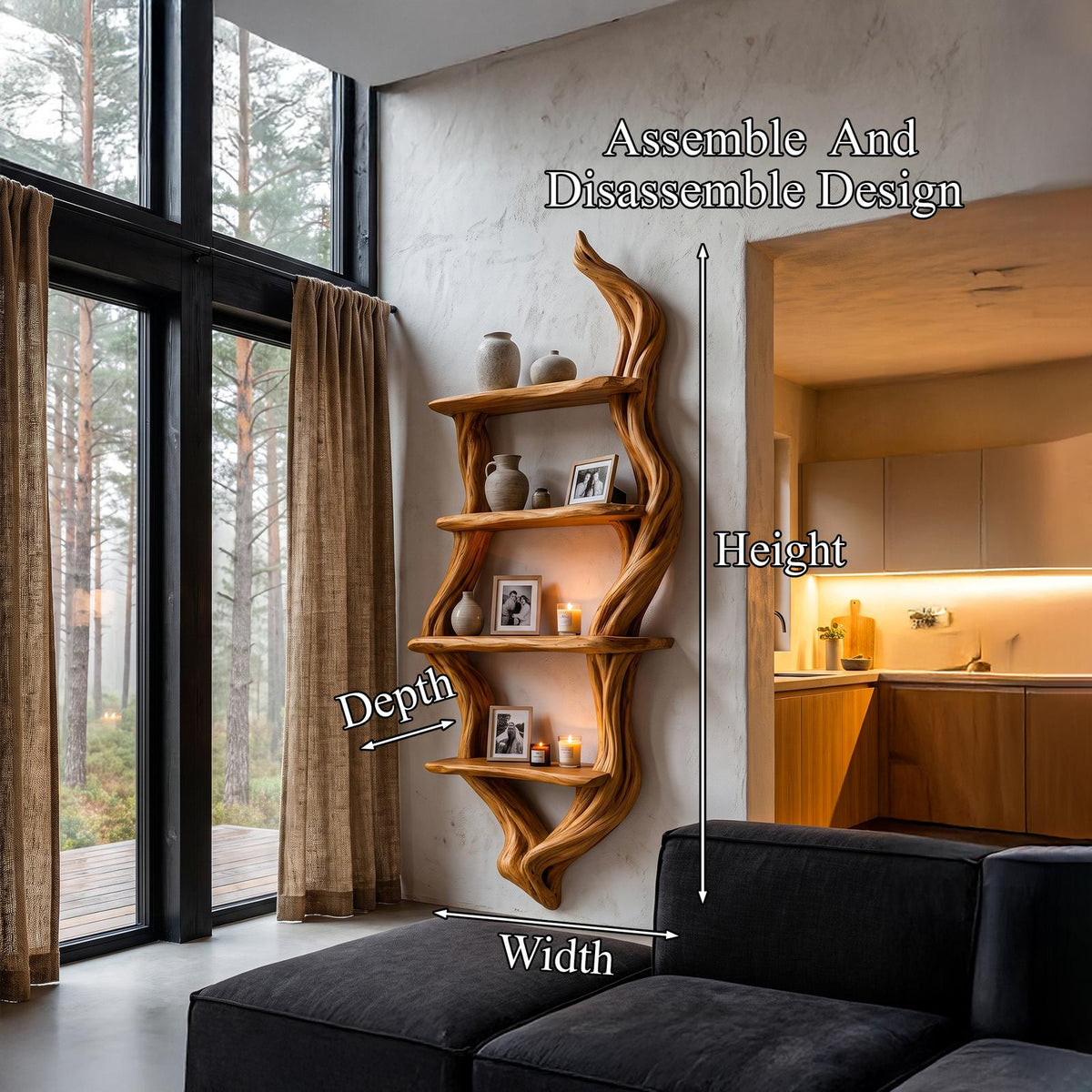 Rustic Wall Bookshelf Handcrafted Tree Branch Design For Living Room