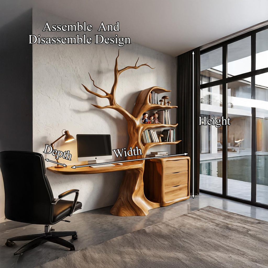 Natural Floating Desk With Sculptural Tree Bookshelf For Home Office
