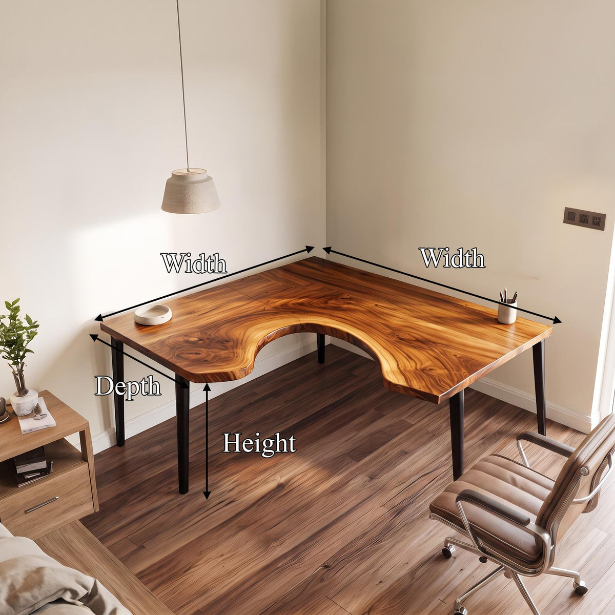 Organic Contemporary Corner Work Desk, L-Shaped Solid Wood Writing Computer Table for Home Office & Study Room