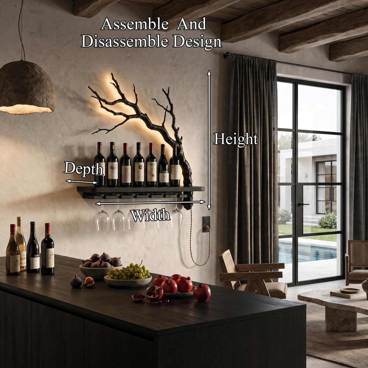 Rustic Wall Mounted Wine Rack With Wine Glass Holder For Dining Room And Home Bar