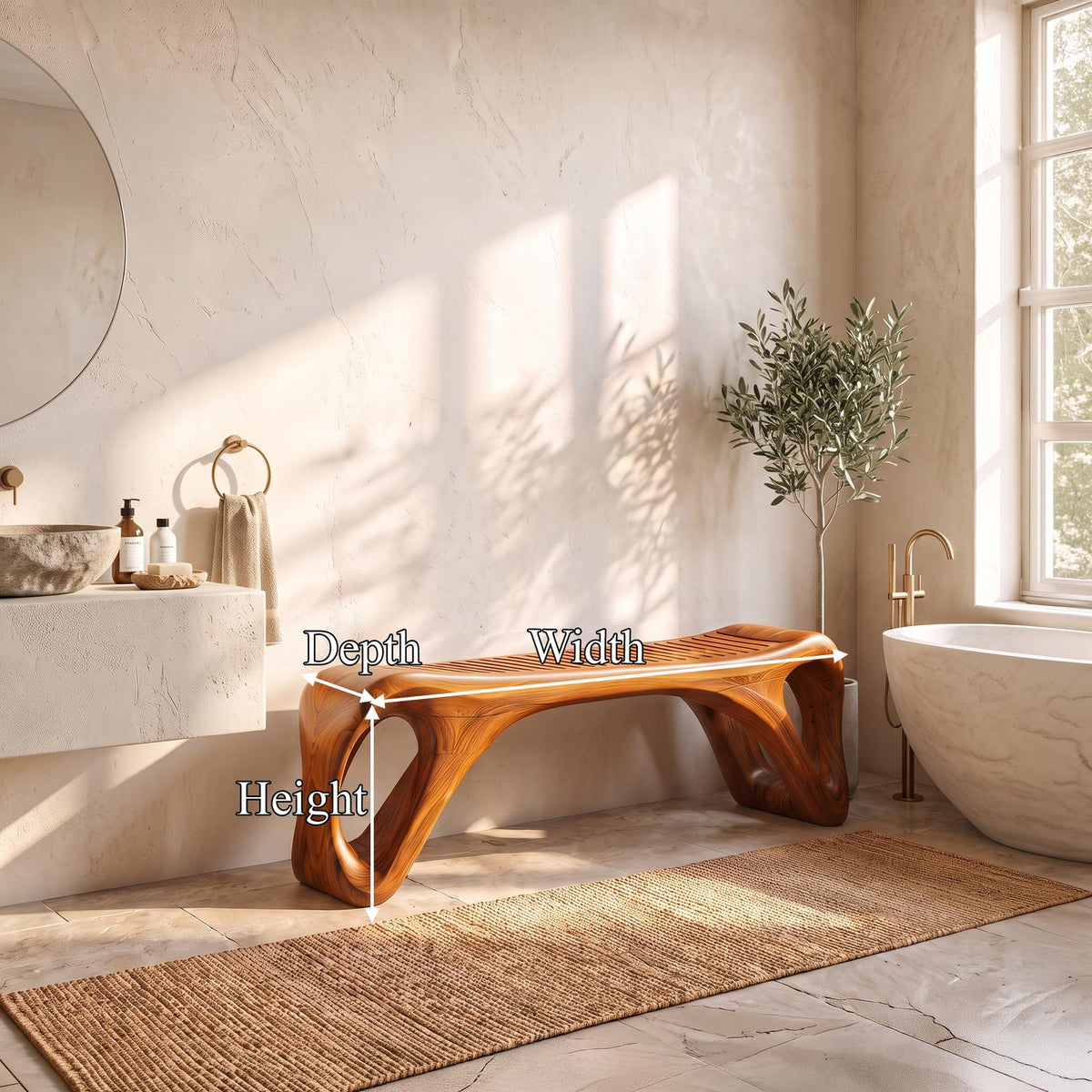 Mid Century Vanity Bench With Rounded Frame And Open Leg Detail For Bathroom