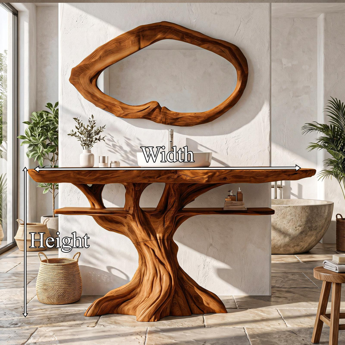 Contemporary Wooden Bathroom Vanity With Tree Inspired Frame For Bathroom