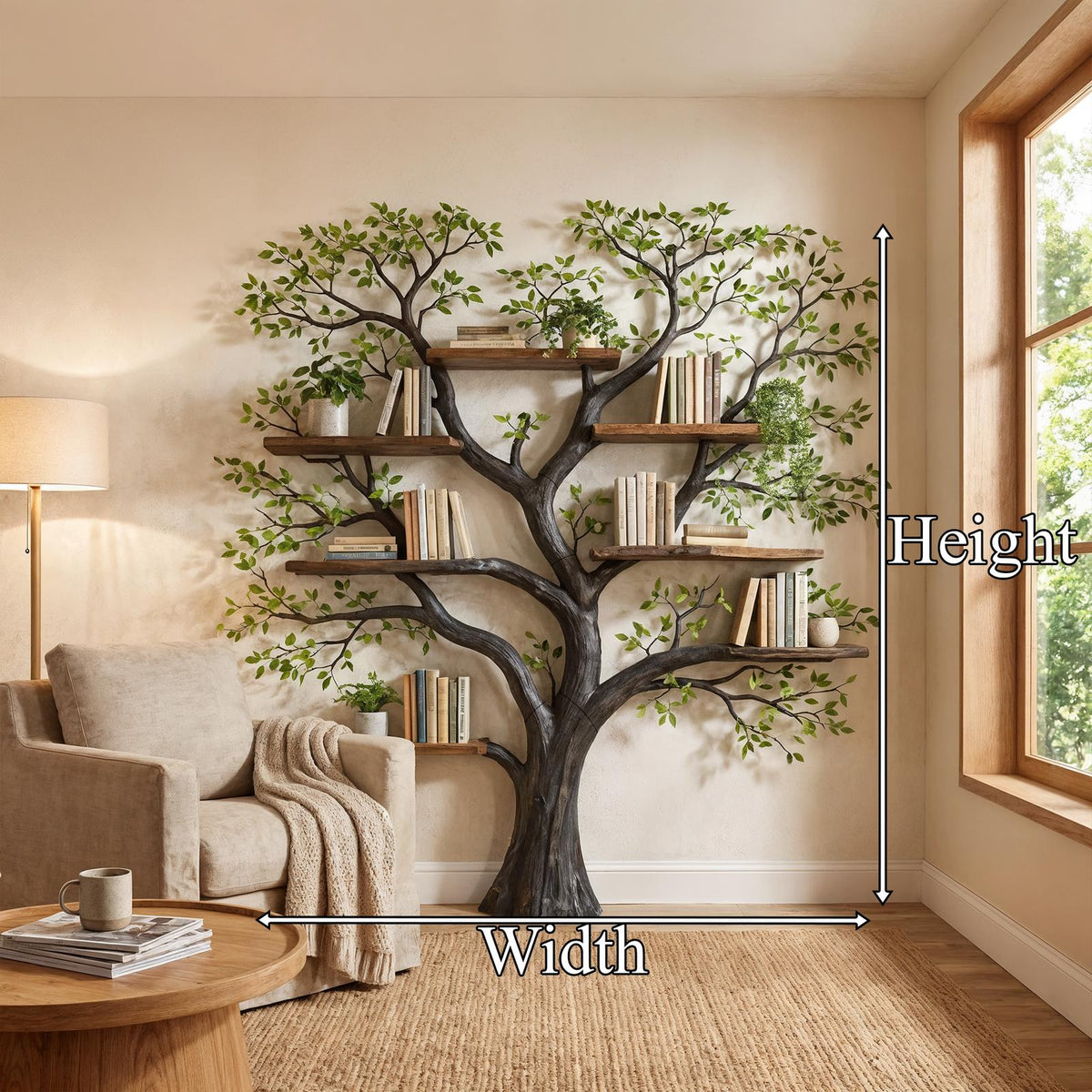 Handcrafted Wood Tree Storage Bookcase, Wall Mounted Floating Branch Display Shelf Statement Piece for Living Room