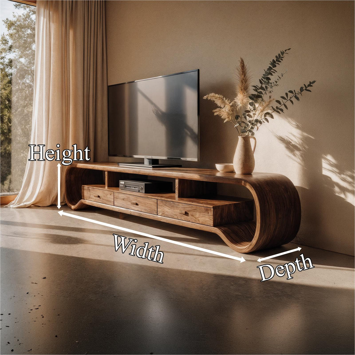 Rustic Curved TV Cabinet, Solid Wood Media Console Entertainment Center for Living Room Storage