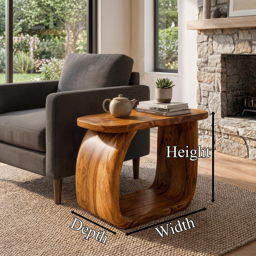 Minimal Wooden Bedside Table with Curved Open Frame, Handcrafted Modern Side Table & Nightstand for Living Room