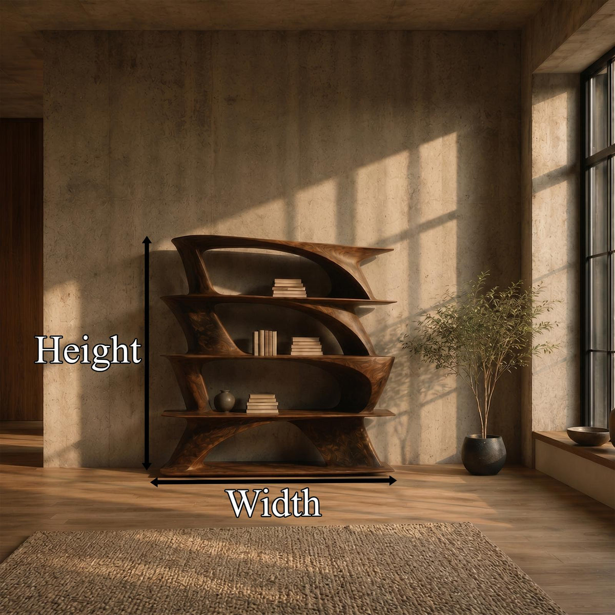 Organic Sculptural Bookshelf with Asymmetrical Open Shelves, Wooden Geometric Bookcase Display, Model