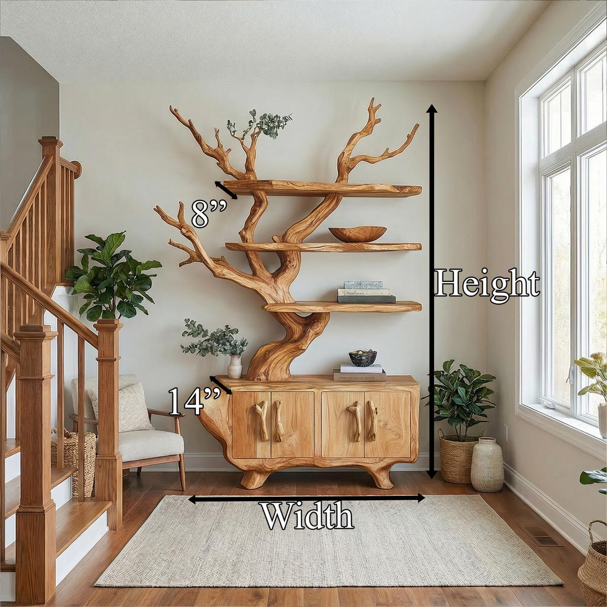 Tree Branch Bookshelf with Storage Cabinet, Solid Wood Artistic Bookcase, Modern Living Room display Unit