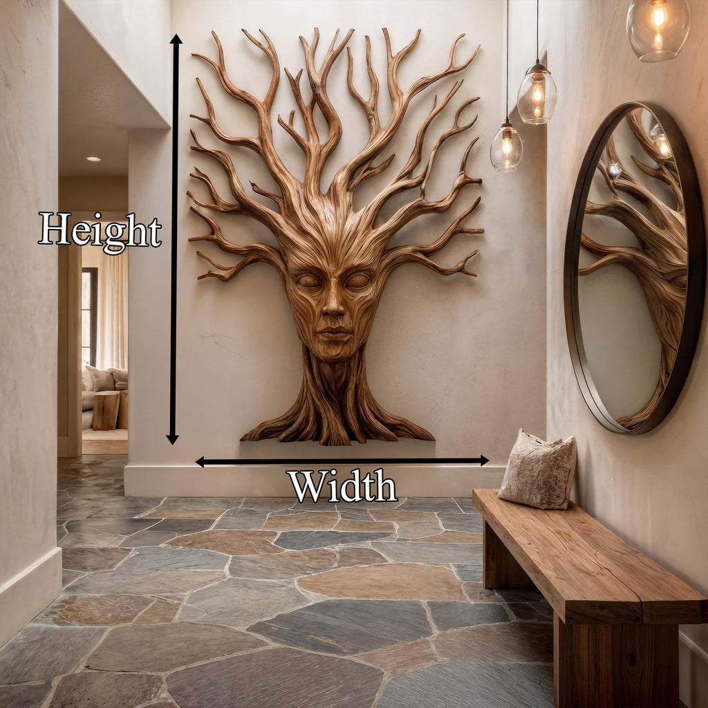 Mystical Tree Spirit Wooden Wall Art, Hand-Carved Sculptural Face Design Decor for Entryway & Living Room