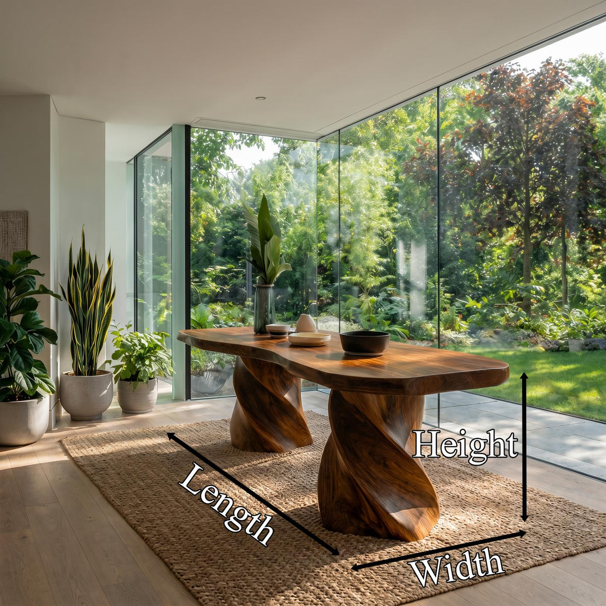 Spry Interior Sculptural Twisted Base Dining Table, Handcrafted Solid Wood Spiral Pedestal Kitchen Table, SINLKIDT165