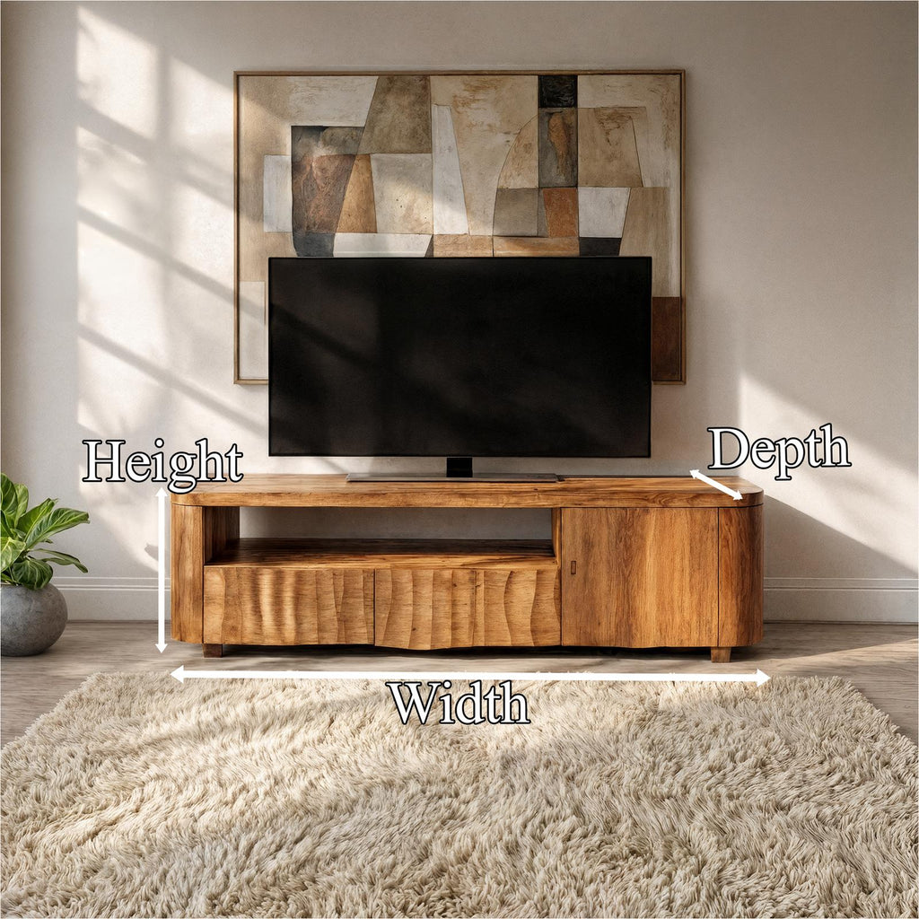 Modern TV Cabinet, Solid Wood Media Console with Storage Drawer & Shelves for Living Room