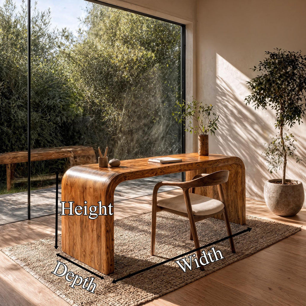 Organic Curved Wooden Desk, Waterfall Edge Design Solid Wood Writing Desk for Home Office
