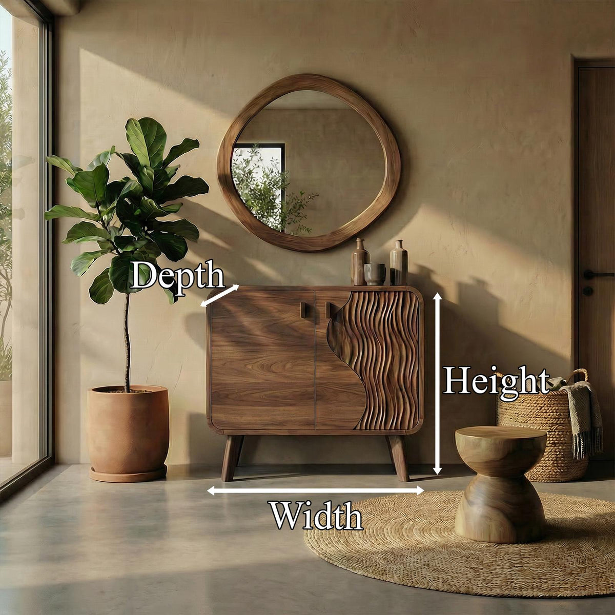 Rustic Woven Door Storage Cabinet, Solid Wood Entryway Credenza Accent Sideboard, Living Room Console