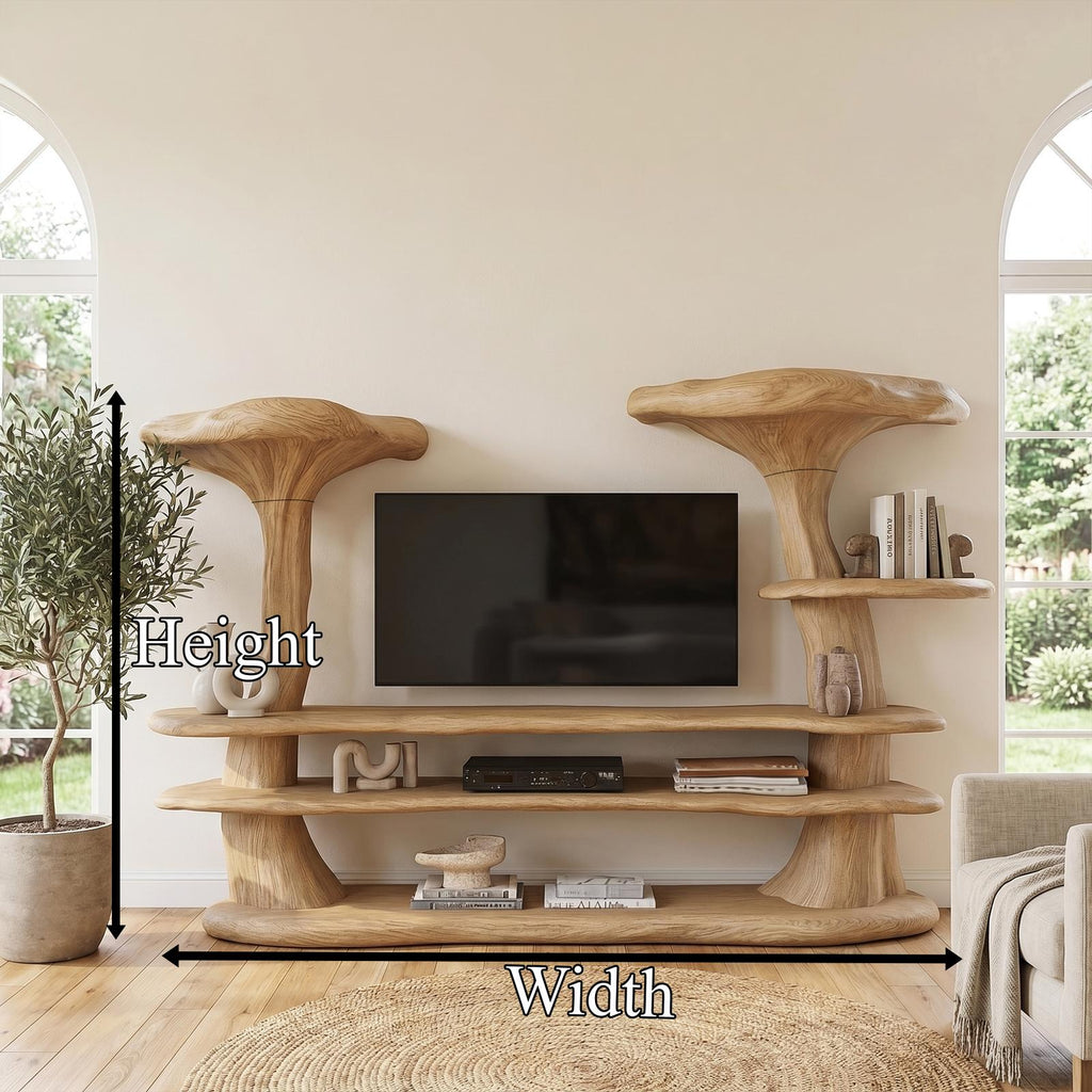 Organic Mushroom TV Stand, Sculptural Solid Wood Entertainment Center, TV Console Media Cabinet for Living Room