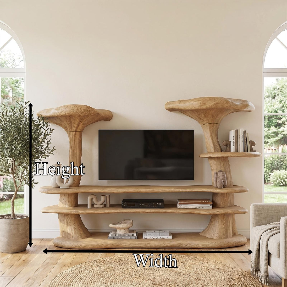 Organic Mushroom TV Stand, Sculptural Solid Wood Entertainment Center, TV Console Media Cabinet for Living Room