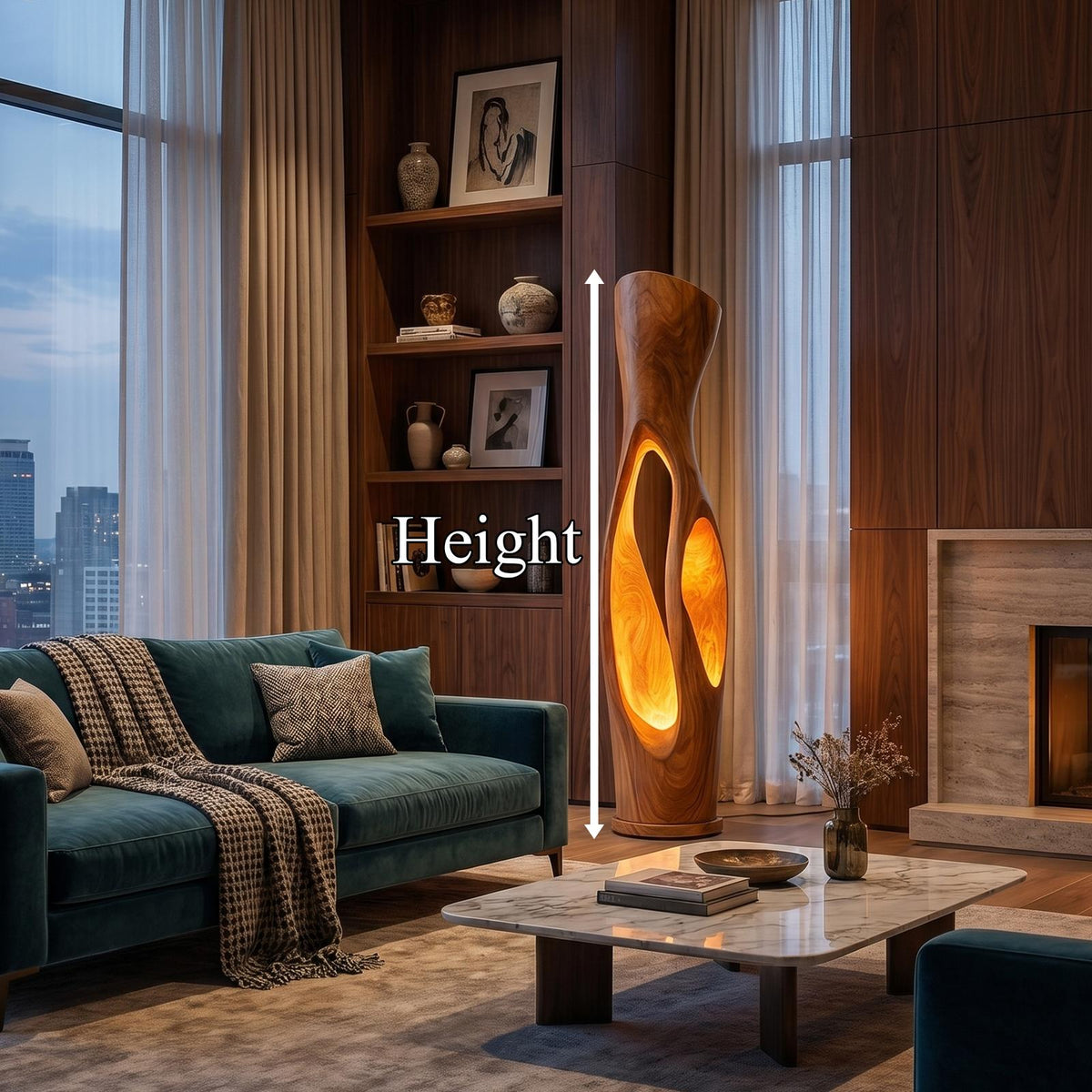 Modern Organic Wood Floor Lamp, Illuminated Hollow Trunk Design, LED Standing Light for Living Room and Bedroom