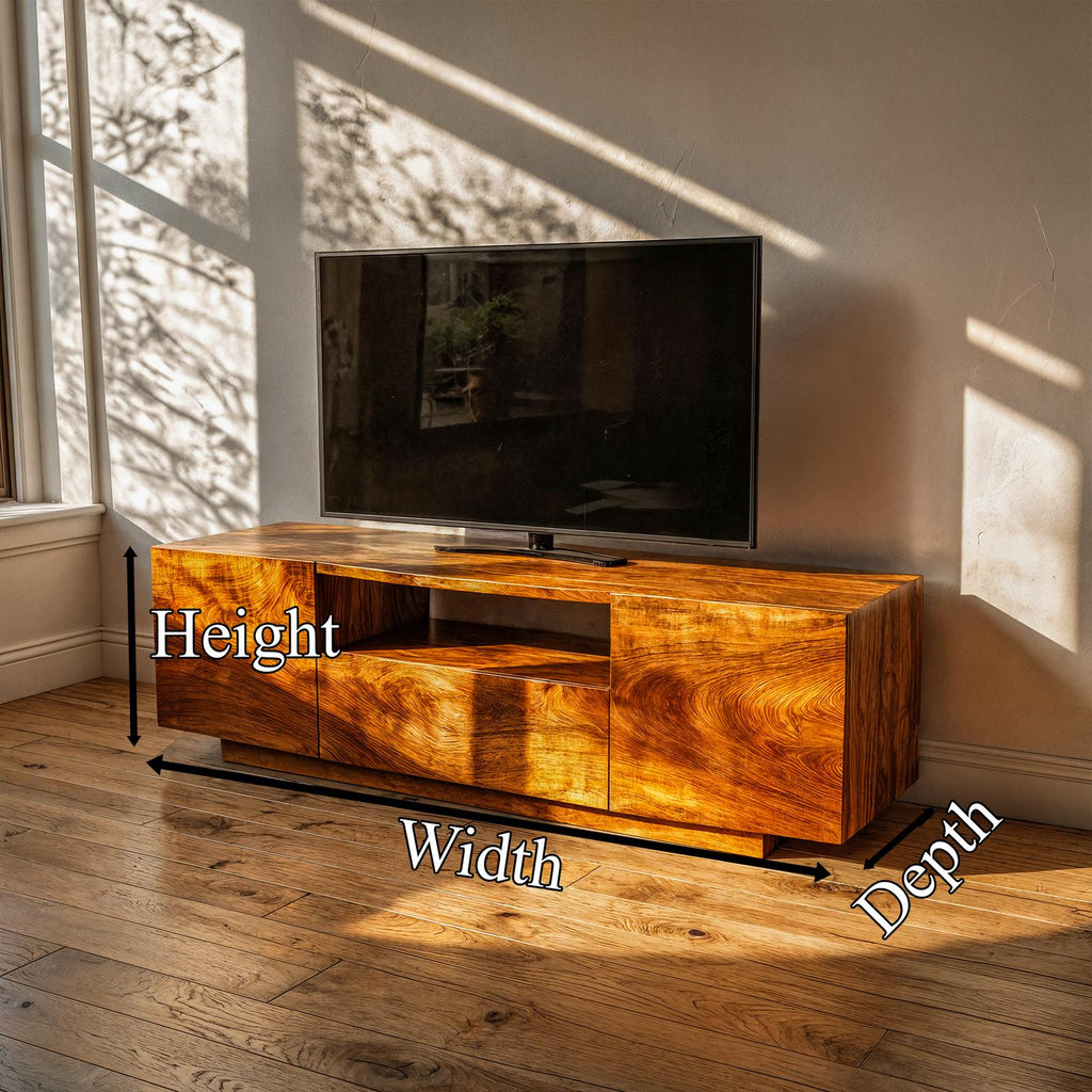 Modern Rustic TV Cabinet, Solid Wood Low Profile Block TV Stand, Living Room Media Console Unit