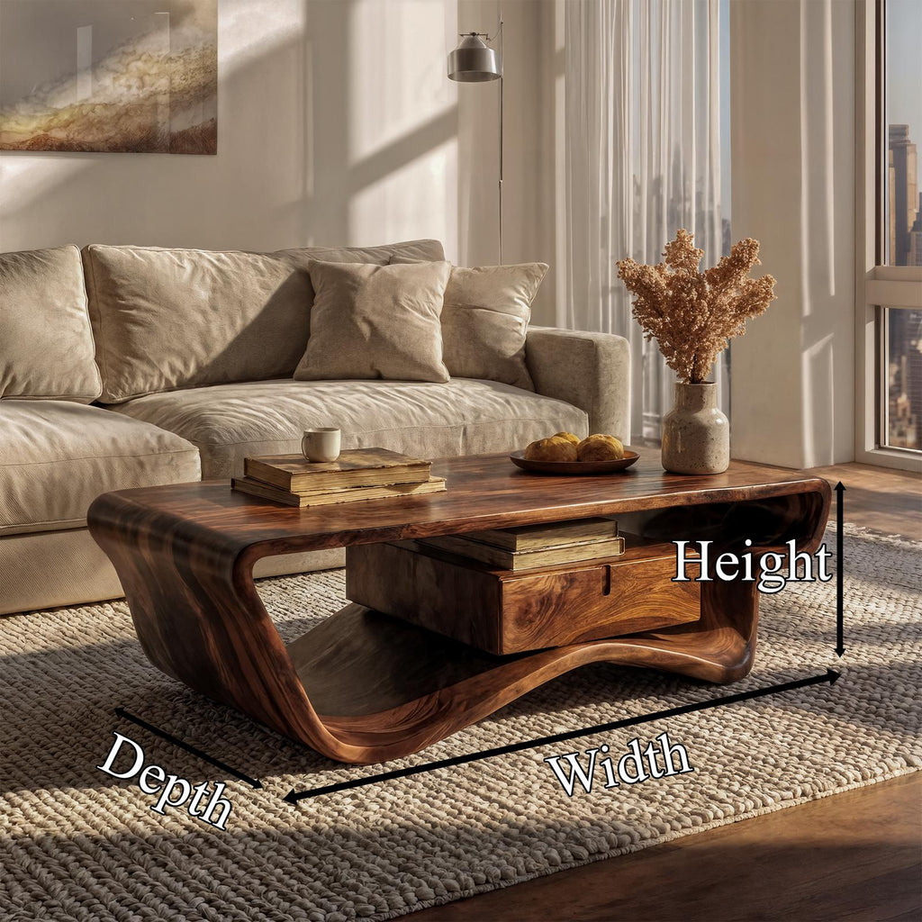 Curved Sculptural Coffee Table with Storage Drawer, Modern Solid Wood Center Accent Table