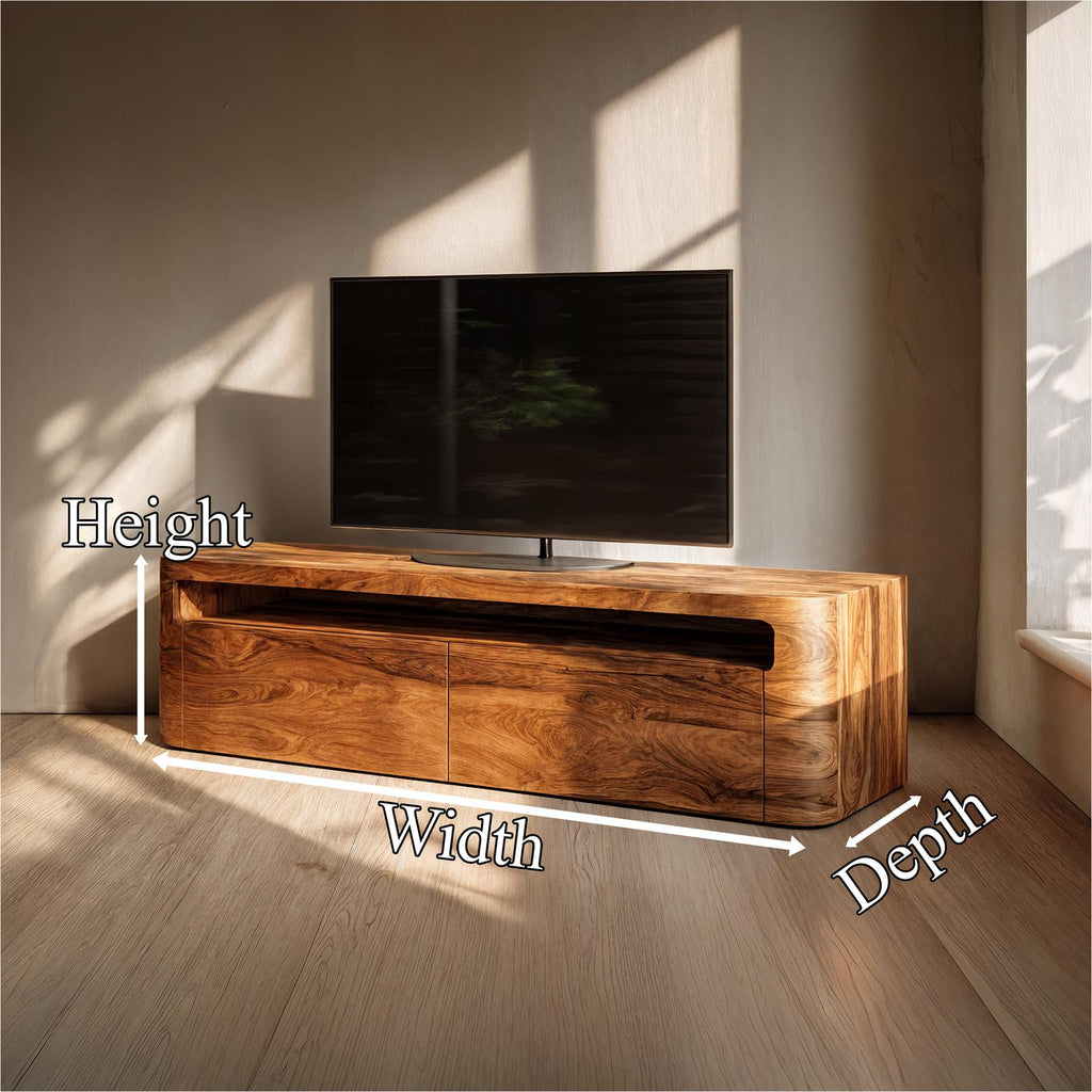 Rustic TV Cabinet, Solid Wood Media Console with Curved Edge Storage for Living Room & Lounge