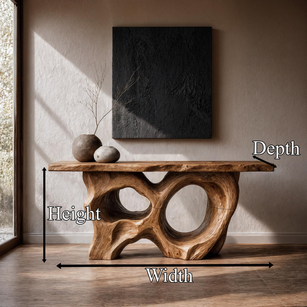 Modern Console Table With Sculptural Asymmetrical Wood Base For Living Room