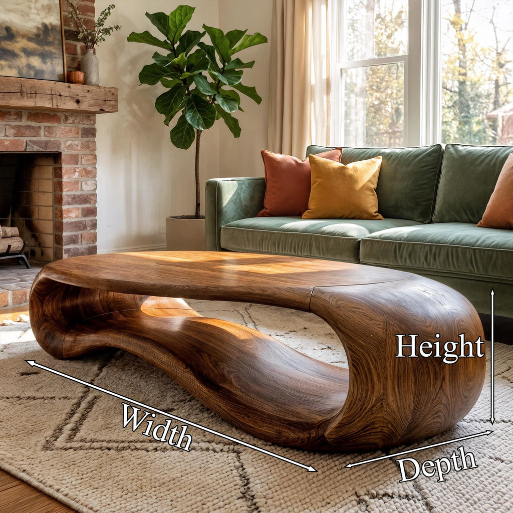 Modern Sculptural Solid Wood Coffee Table, Handcrafted Abstract Wooden Center Table for Contemporary Living Room Decor