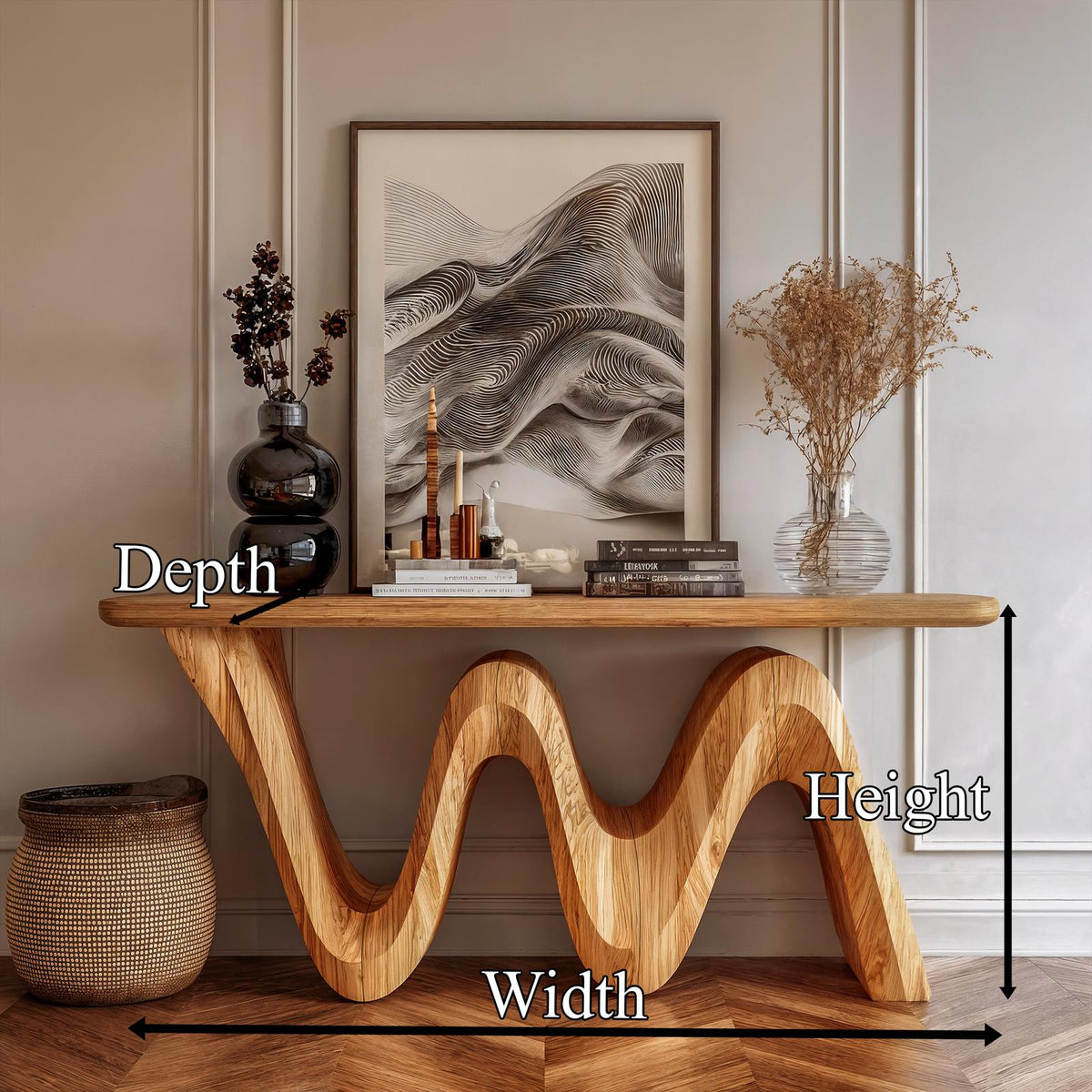 Organic Flow Console Table, Solid Wood Sculptural Wave Base Entryway Sofa Table for Hallway