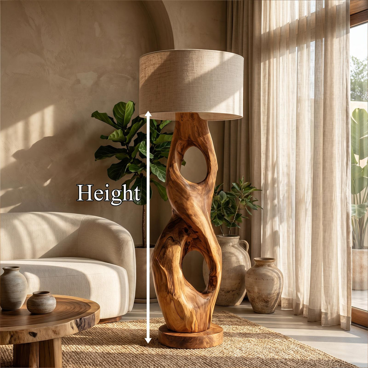Rustic Floor Lamp with Handcrafted Hollow Wood Sculpture Base, Artistic Standing Light