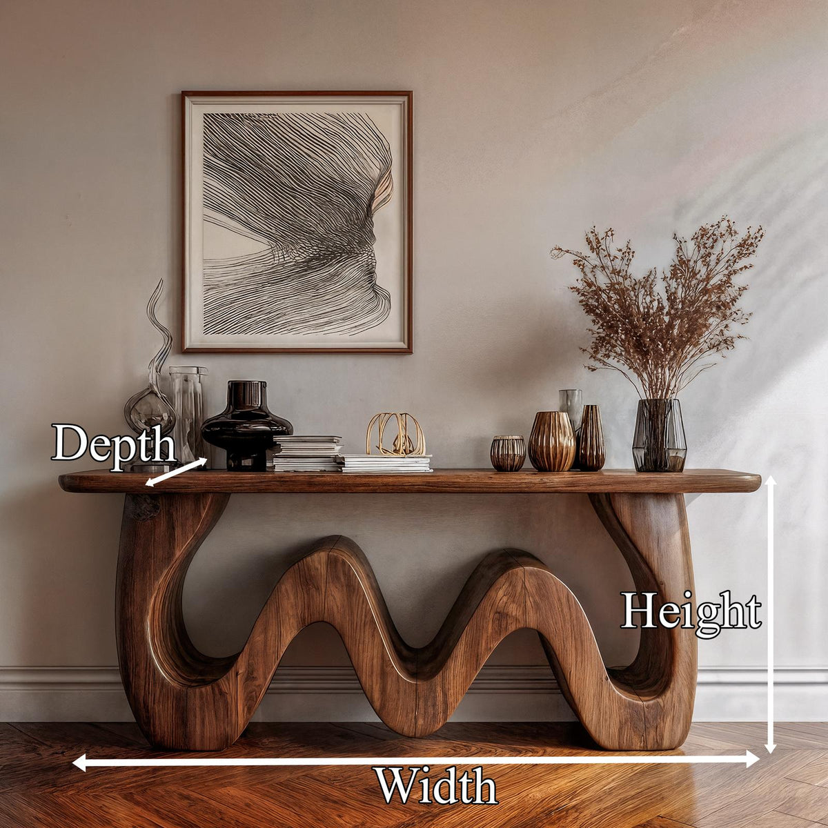 Organic Wave Console Table, Solid Wood Sculptural Curved Entryway Sofa Table for Living Room