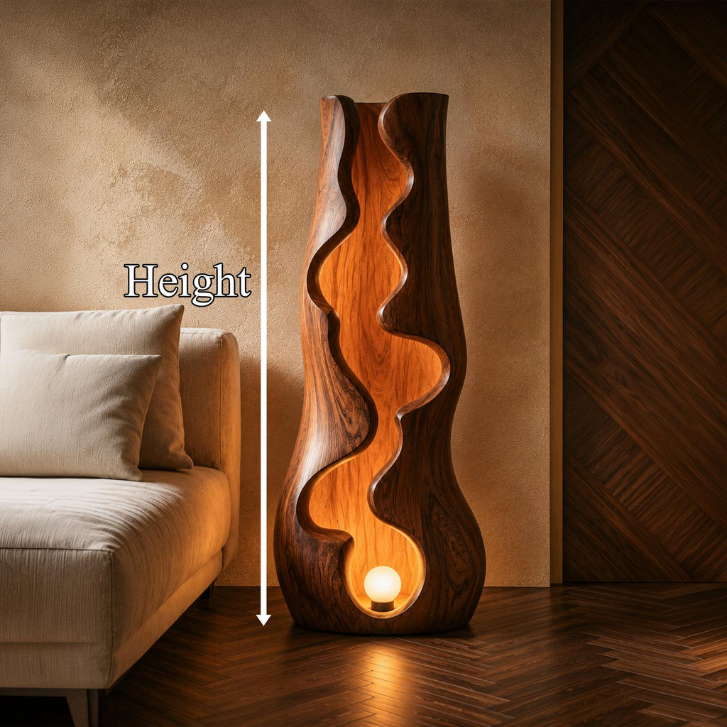 Organic Floor Lamp with Sculptural Wave Wood Design, Modern Standing Light for Living Room